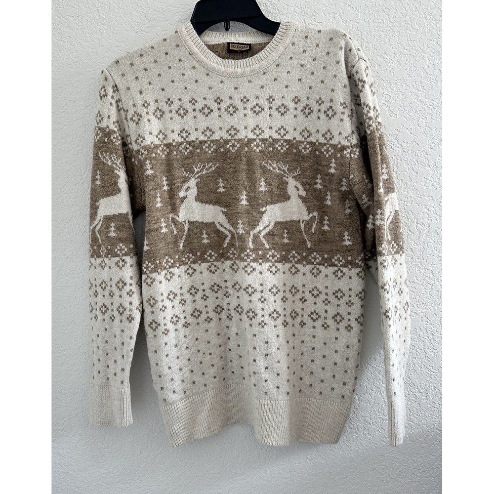 Colorbar Triko‎ Nordic Reindeer Sweater Fair Isle Knit Mens L Wool Blend Neutral